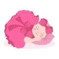 Cute sleeping baby girl in a pink dress with a bow, newborn baby girl. Children\'s card, print Royalty Free Stock Photo