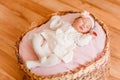 Cute sleeping baby girl in smart white dress and golfs lies on a round crib. photo shoot of newborns Royalty Free Stock Photo