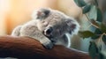 Cute Sleeping Baby Koala Bear in Queensland Australia sitting in Eucalyptus Tree. generative ai Royalty Free Stock Photo