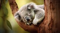 Cute Sleeping Baby Koala Bear in Queensland Australia sitting in Eucalyptus Tree. generative ai Royalty Free Stock Photo