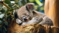 Cute Sleeping Baby Koala Bear in Queensland Australia sitting in Eucalyptus Tree. generative ai Royalty Free Stock Photo