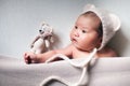 Newborn baby asian boy sleeping at blue background Royalty Free Stock Photo