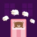 Cute sleeping bear. Jumping sheeps. Cant sleep going to bed concept. Counting sheep. Animal set. Blanket pillow room two windows.