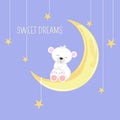 Cute sleeping bear teddy sitting in moon. Sweet dreams design element