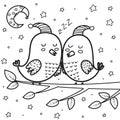 Cute sleeping birds at night coloring page. Moon and stars black and white background Royalty Free Stock Photo