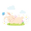 Cute sleeping bunny on spring meadow with flower and butterfly.