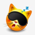Cute sleeping cat emoticon wearing sleep mask, emoji, smiley - vector illustration
