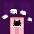 Cute sleeping cat kitten. Jumping sheeps. Cant sleep going to bed concept. Counting sheep. Blanket pillow room two windows. Animal