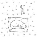 Cute sleeping cat on the pillow. Stars in the night sky, baby doodle. Coloring Pages. Cartoon character cat, childish