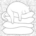 Adult coloring book,page a cute sleeping cat image for relaxing activity.Zen art style illustration for print.