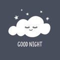 Cute sleeping cloud, stars. Funny print, sticker, card Good Night.