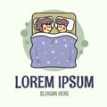 Cute sleeping couple. Bedclothes, bedding logo with funny concept. Mattress shop icon