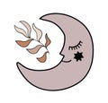 Cute sleeping crescent moon with face, boho style child tattoo, child vintage design. Element for nursery, magic sticker