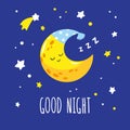 Cute sleeping crescent moon in the night sky. Hand-written inscription good night.