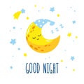 Cute sleeping crescent moon in the sky. Hand-written inscription good night