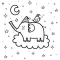 Cute sleeping elephant with a bird on cloud coloring page. Good night coloring book Royalty Free Stock Photo