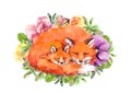 Cute sleeping foxes - mother and child. Happy mother`s day greeting card card for mom with adorable animal in flowers