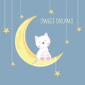 Cute sleeping kitten sitting in moon. Sweet dreams design element Royalty Free Stock Photo