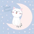 Cute sleeping kitty sitting in moon. Sweet dreams design element Royalty Free Stock Photo