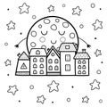 Cute sleeping moon and night town landscape coloring page. Good night background