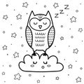 Cute sleeping owl on the cloud coloring page for kids. Good night coloring book with stars