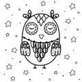 Cute sleeping owl coloring page. Black and white print with funny animal Royalty Free Stock Photo