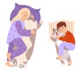 Cute sleeping people with plush toys. Woman with big animal cat pillow and boy kid with husky dog toy. Isolated Royalty Free Stock Photo