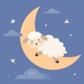 Cute sleeping sheep on moon. Vector illustration in flat cartoon style. Funny poster with farm animal for kids Royalty Free Stock Photo