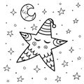 Cute sleeping star coloring page. Good night background for coloring book Royalty Free Stock Photo