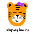 Cute sleeping tiger girl head with bow,handdrawn symbol of new year 2022 with closed eyes,print for kids textile,room Royalty Free Stock Photo