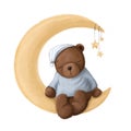 Cute sleepy bear on the half moon, watercolor style illustration, good night clipart with cartoon character