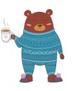 Cute sleepy bear in pyjamas with hot beverage in hands. Vector i