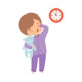 Cute Sleepy Boy Wearing Pajamas Standing with Teddy Bear, Preschool Kid Daily Routine Activity Cartoon Vector Royalty Free Stock Photo