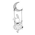 cute sleepy bunny sitting on swing, vector clipart, children's illustration