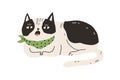 Cute sleepy cat yawning or meowing. Funny lazy bored kitty lying and resting. Sweet spotty kitten drawn in doodle style Royalty Free Stock Photo