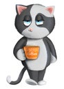 cute sleepy disgruntled cat with cup of coffee, isolated on white background