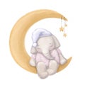 Cute sleepy elephant on the half moon, watercolor style illustration, good night clipart with cartoon character