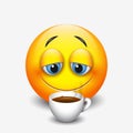 Cute sleepy emoticon drinking coffee, emoji, smiley - vector illustration