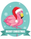 Cute Sleepy Flamingo With Santa Hat. Greeting Christmas Card
