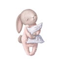 Cute sleepy hare in pajamas with pillow, watercolor illustration, children`s clipart with cartoon character