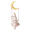 Cute sleepy hare on the swing, watercolor style illustration, good night clipart with cartoon character