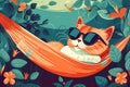 Cute sleepy kitten character lies in a hammock wearing sunglasses.Generative AI illustration. Royalty Free Stock Photo