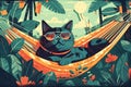 Cute sleepy kitten character lies in a hammock wearing sunglasses.Generative AI illustration. Royalty Free Stock Photo