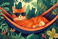 Cute sleepy kitten character lies in a hammock wearing sunglasses.Generative AI illustration. drawn in a flat style. Royalty Free Stock Photo