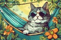 Cute sleepy kitten character lies in a hammock wearing sunglasses.Generative AI illustration. drawn in a flat style. Royalty Free Stock Photo