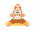 Cute sleepy sloth with coffee cup in paws. Lazy slow animal drinking and enjoying coffe in morning. Funny happy baby