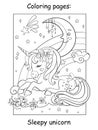 Cute sleepy unicorn lying on cloud coloring vector