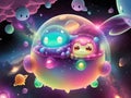 Cute Slime Creatures in Outerspace, Generative AI Illustration