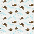 Cute slimy snail cartoon seamless vector pattern. Hand drawn garden pest tile. All over print for escargot blog, bug