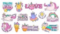 Cute slogan patches. Time to be unicorn, shine like star and follow your dreams signs with happy cat, sweet candies and Royalty Free Stock Photo